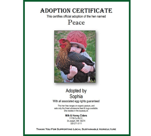 Adopt-a-Hen adoption certificate.