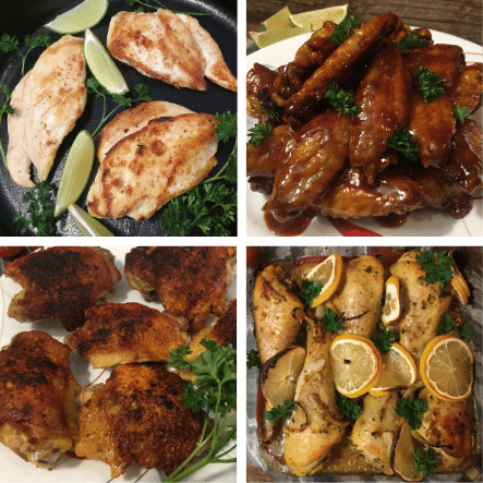 Sautéed chicken breasts, barbecued chicken wings, pan-fried chicken thighs, and mediterranean baked chicken legs.