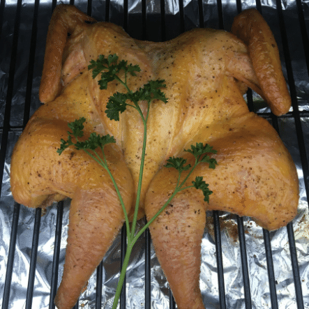 Cooked spatchcock chicken on the grill.